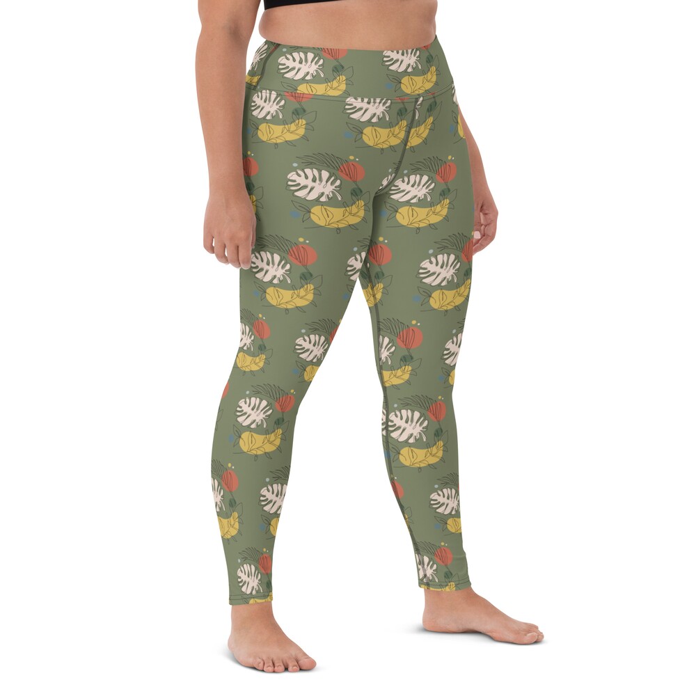 Autumn Fall Print Pattern Gym Workout Yoga Leggings in Green - Sophie Dibou